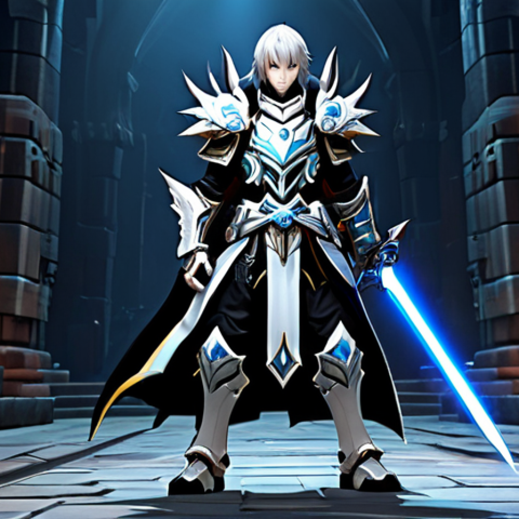 A powerful Elsword-style fantasy warrior character, standing prominently in a grand, high-level dungeon. The character is adorned in full, intricate fantasy armor, specifically designed for immense damage output against large foes, featuring subtle glows from powerful enchantments. A large, imposing weapon is held firmly, poised for a decisive strike against an ancient, non-threatening guardian creature in the background. The scene is captured with professional photography, showcasing extreme detail, dramatic lighting, and cinematic quality. The character exhibits perfect anatomy, correct proportions, well-formed hands, and proper finger count in a natural pose. This image is fully clothed, modest clothing, appropriate attire, professional, safe for work, appropriate content.