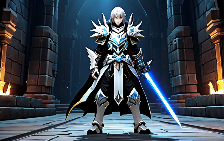 A powerful Elsword-style fantasy warrior character, standing prominently in a grand, high-level dungeon. The character is adorned in full, intricate fantasy armor, specifically designed for immense damage output against large foes, featuring subtle glows from powerful enchantments. A large, imposing weapon is held firmly, poised for a decisive strike against an ancient, non-threatening guardian creature in the background. The scene is captured with professional photography, showcasing extreme detail, dramatic lighting, and cinematic quality. The character exhibits perfect anatomy, correct proportions, well-formed hands, and proper finger count in a natural pose. This image is fully clothed, modest clothing, appropriate attire, professional, safe for work, appropriate content.